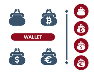 Wallet Icons. Coin purse, change purse, dollar, euro, bitcoin, cryptocurrency, crypto currency icon