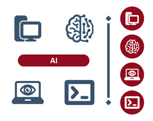 AI icons. Artificial intelligence, machine learning, technology, computer, brain, laptop, coding, programming icon
