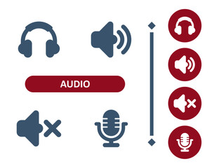 Audio icons. Sound, headphones, speaker, volume, mute, microphone, podcast icon