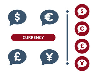 Currency icons. Dollar, euro, pound, pound sterling, yen, yuan, chat bubble, speech bubbles, comment icon