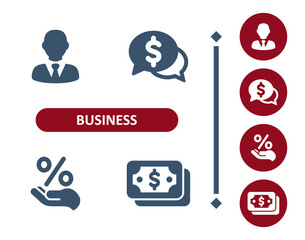 Business icons. Investment, investing, businessman, chat bubble, dollar, hand, percent, money icon