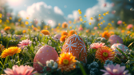 The Easter Bunny's Wonderland of Hidden Eggs,
Spring Spectacle Vibrant Easter scene offering a captivating backdrop for advertising

