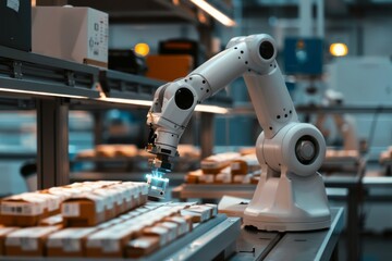 Fototapeta na wymiar Advanced robotic arm inspecting production line in a high-tech factory