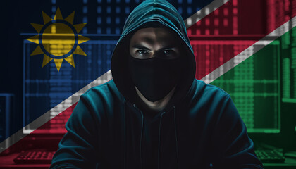 Fototapeta na wymiar Hacker in a dark hoodie sitting in front of a monitors with Namibia flag and background cyber security concept