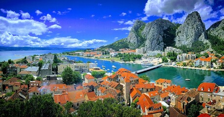 Panorama of the town Omiš and the Babnjača mountains, Croatia, May 2018