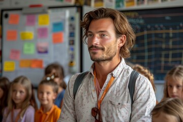 Fototapeta premium Engaged male teacher with a classroom of attentive students behind him