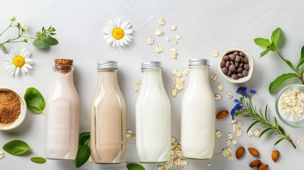 Assorted Plant-Based Milk Bottles With Almonds, Oats, and Soybeans. World Milk Day - obrazy, fototapety, plakaty