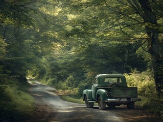 The adventure of a green truck on a sprawling road, meandering through a dense