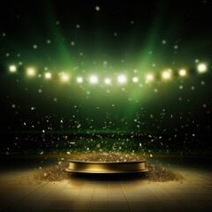Olive background, lights and golden confetti on the olive background, football stadium with spotlights, banner for sports events