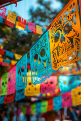Fototapeta na wymiar Vibrant papel picado banners add a colorful and lively touch to Day of the Dead celebrations, creating a festive and welcoming atmosphere.