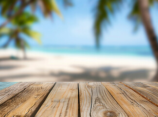 Fototapeta na wymiar Empty wooden planks/table with blur beach and sea background, product placement
