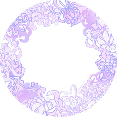 Composition-frame of a chrysanthemum flower with leaves in lilac-lilac pastel colors on a transparent background. Delicate digital illustration in Asian style for wedding design, branding, scrapbookin