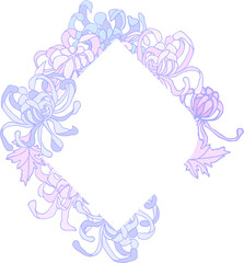 Composition-frame of a chrysanthemum flower with leaves in lilac-lilac pastel colors on a transparent background. Delicate digital illustration in Asian style for wedding design, branding, scrapbookin
