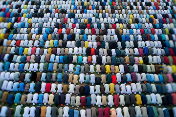 Aerial view of Muslim pilgrims praying in the field during the Eid al-Adha holiday
