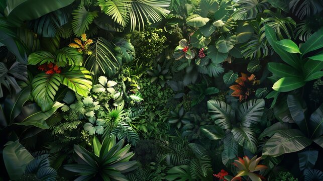 Capture an aerial view of a lush, vibrant jungle filled with exotic flora and fauna Utilize a photorealistic digital rendering technique to convey the scene from a dynamic perspective, showcasing unex
