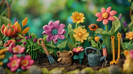 Capture the essence of Gardening Tips in a whimsical clay sculpture medium Include a wide-angle view of a lush garden scene with vibrant, detailed flowers and tools