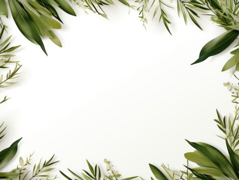 Olive frame background, tropical leaves and plants around the olive rectangle in the middle of the photo with space for text