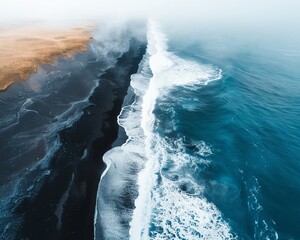 black icelandic taken above from a drone, on the left side of the images is the black - obrazy, fototapety, plakaty