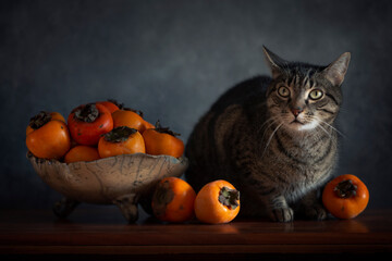 Still life with fruits and tabby cat