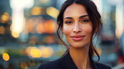 Headshot close up portrait confident mature good looking middle age leader, ceo female businesswoman on blur cityscape background. Gorgeous beautiful business woman smiling at camera - obrazy, fototapety, plakaty