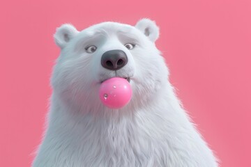 Fototapeta na wymiar Cute Polar Bear Holding Easter Egg in Mouth on Pink Background, Easter Celebration Concept