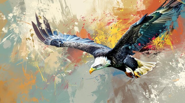 Capture the majestic grace of a soaring eagle from a low-angle perspective, blending street art style with a pop of unexpected camera angle for a unique twist in a digital rendering technique