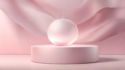 A softly glowing pink 3D podium floats in a pastel scene, set against a dreamy sky filled with fluffy clouds. The minimalist abstract background
