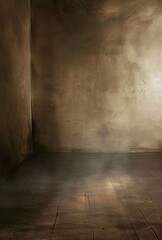 A spotlight illuminates a dusty, empty room with wooden floors and rough stone walls.