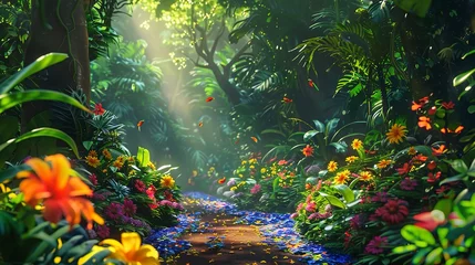 Fotobehang Rainforest pathway, vibrant flowers, close-up, bird's-eye view, saturated colors, midday sun  © Thanthara