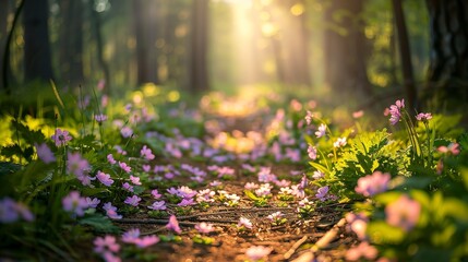 Spring forest pathway, blooming flowers, close-up, ground-level camera, bright, airy morning light -