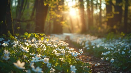 Spring forest pathway, blooming flowers, close-up, ground-level camera, bright, airy morning light 