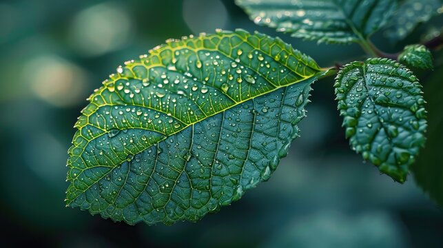A macro image of a leaf with water droplets on it.