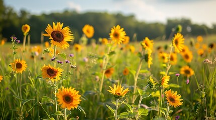 Obraz premium Sunny wildflower meadow, forest in distance, close-up of sunflowers, eye-level, late summer light 