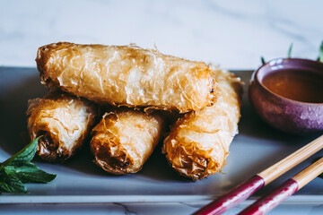 Nems au poulet accompagn&eacute; de sauce piquante et feuilles de salade et menthe fraiche