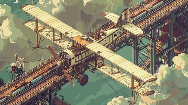Depict Lindberghs solo transatlantic flight as a majestic birds-eye view with a modern twist, blending pixel art with a touch of steampunk aesthetic