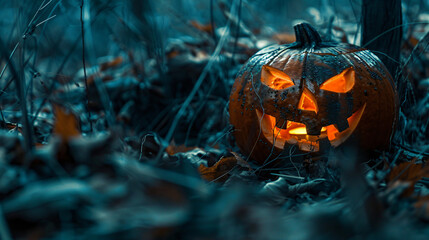 Abstract Jack o Lantern pumpkin in the dark forest 