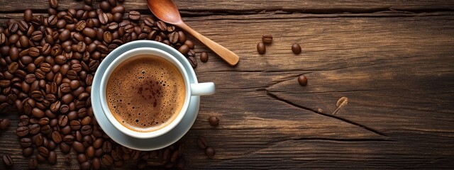 Hot coffee cup with roasted coffee beans on old wooden table. Top view. - obrazy, fototapety, plakaty
