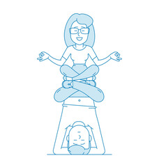A man and woman meditates. Calmness and relaxation, relaxation. Stress relief. Illustration in line art style. Vector