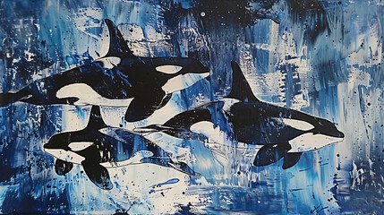 Abstract Painting of Orcas Swimming