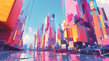 Illustrate a cityscape with towering, abstract architecture in vibrant, exaggerated colors Employ CG 3D rendering to bring a surreal twist to traditional urban landscapes, playing with scale and persp