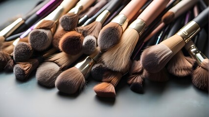 A bundle of soft makeup brushes awaiting their next masterpiece - obrazy, fototapety, plakaty