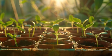 Young plant seedlings growing in terracotta pots bask in the warm glow of sunlight, symbolizing growth and new beginnings.