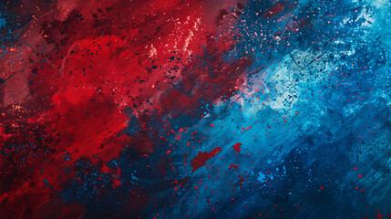 Abstract red and blue paint splatter on a textured wall