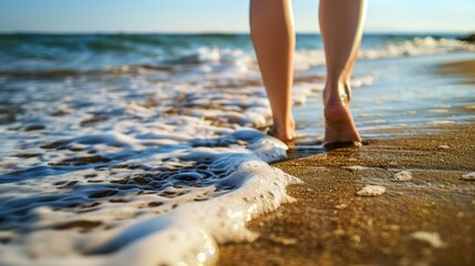 Close-up of person's bare feet walking along the shoreline, waves gently washing over.