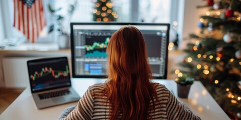 Rear view of woman working on computer with financial charts during Christmas season.