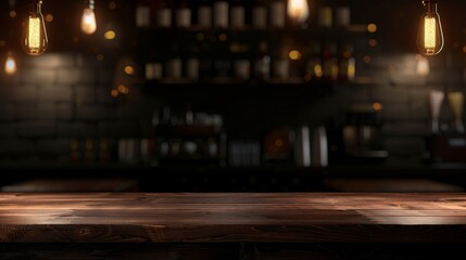 Close-up of a wooden bar counter lit by warm, decorative Edison bulbs, creating a cozy atmosphere.