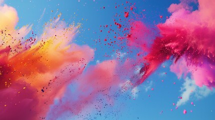 Streams of vibrant colored powders arching gracefully through the air, forming intricate patterns against the backdrop of the clear blue sky during Holi festivities.