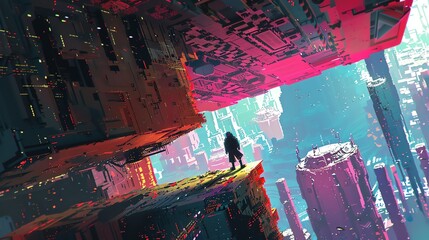 Imagine a pixel art masterpiece that blends vibrant colors and geometric shapes, viewed from a unique low-angle perspective that adds depth and dimension to the futuristic theme