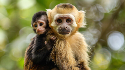 Adult Capuchin Monkey Carrying Baby on its background