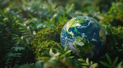 Artistic Earth globe flourishing with dense green plants   highlighting the critical role of nature in environmental health